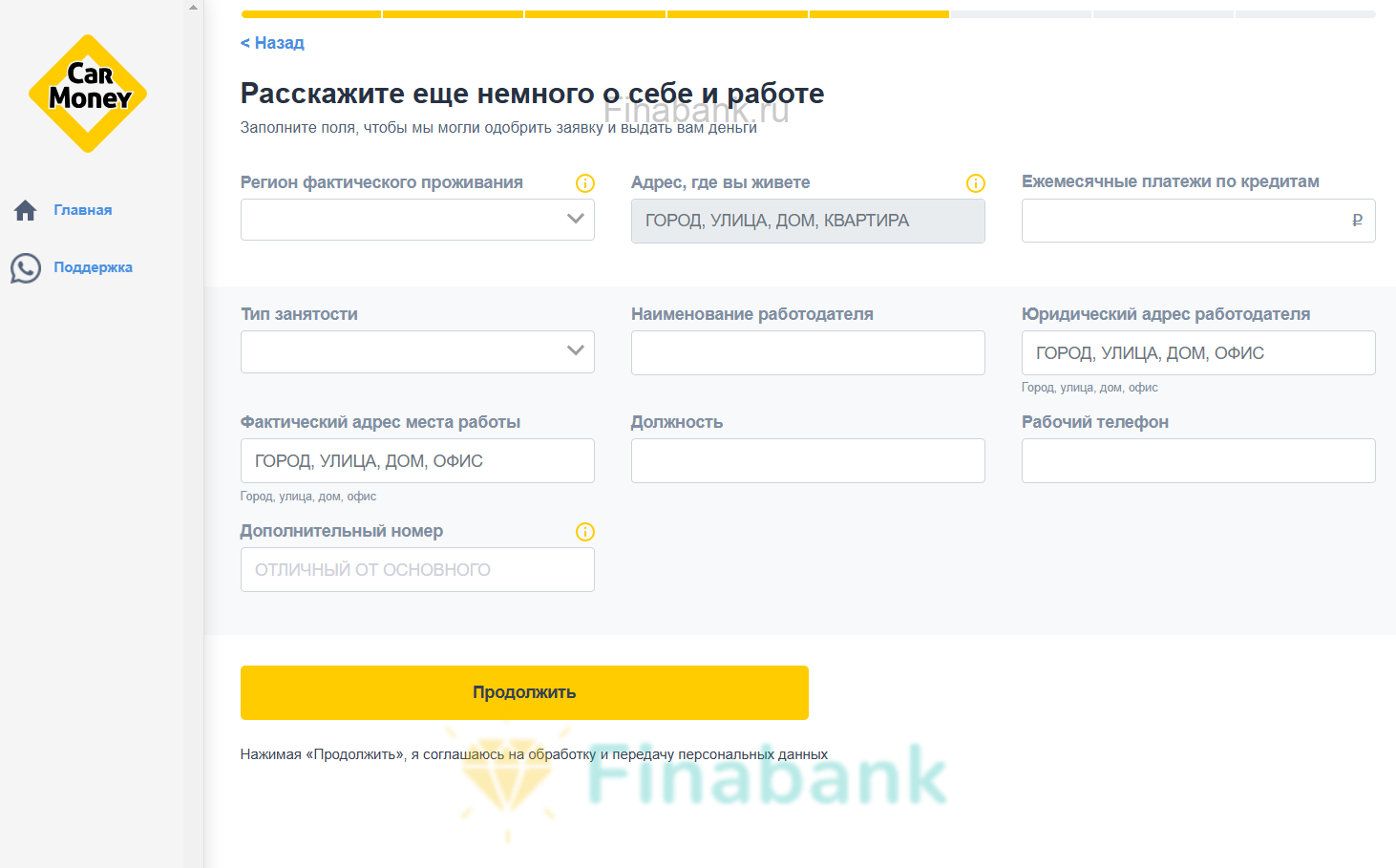 Укажите данные о занятости Car Money 5